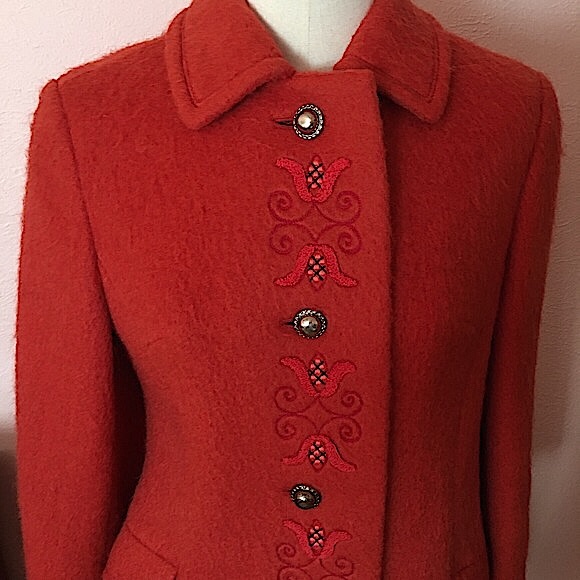 Vintage 1940 50 Austrian Loden Burnt orange wool Mohair Embroidered Long Coat - Picture 5 of 17